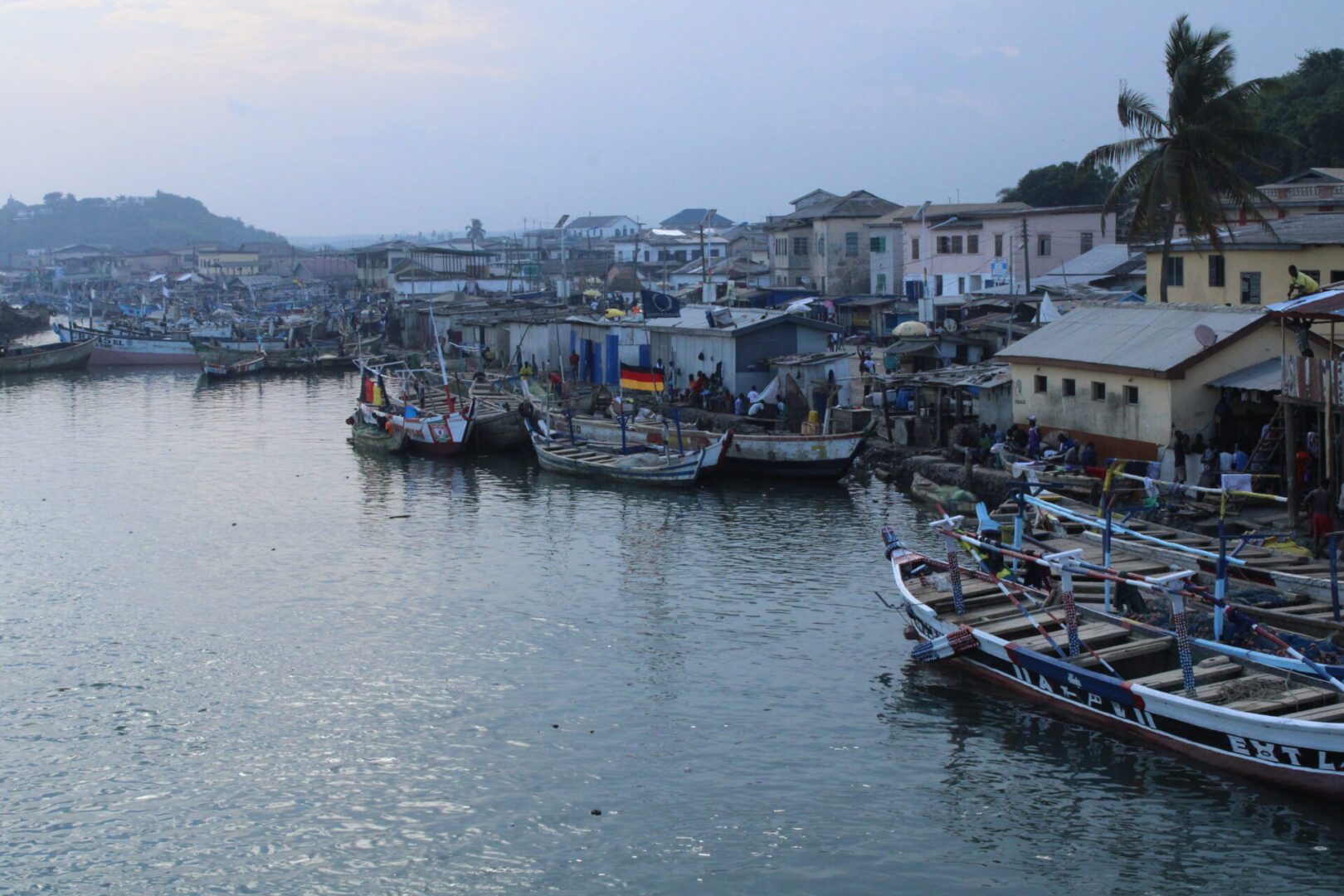 Evening view of a fishing harbor
