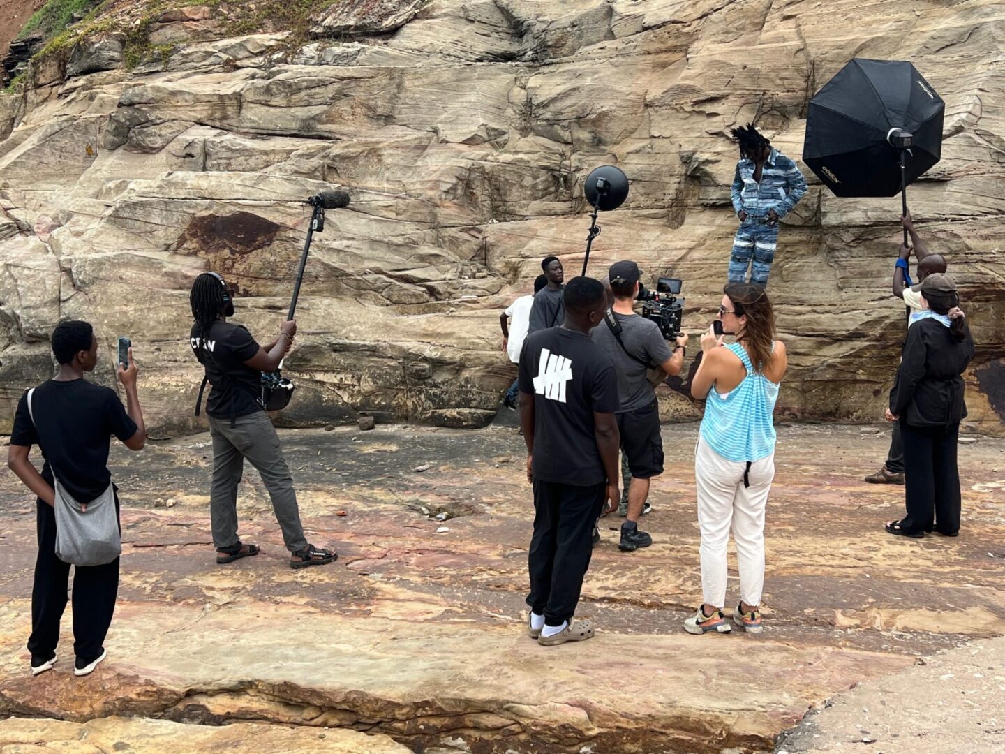 Photography team working on location setup