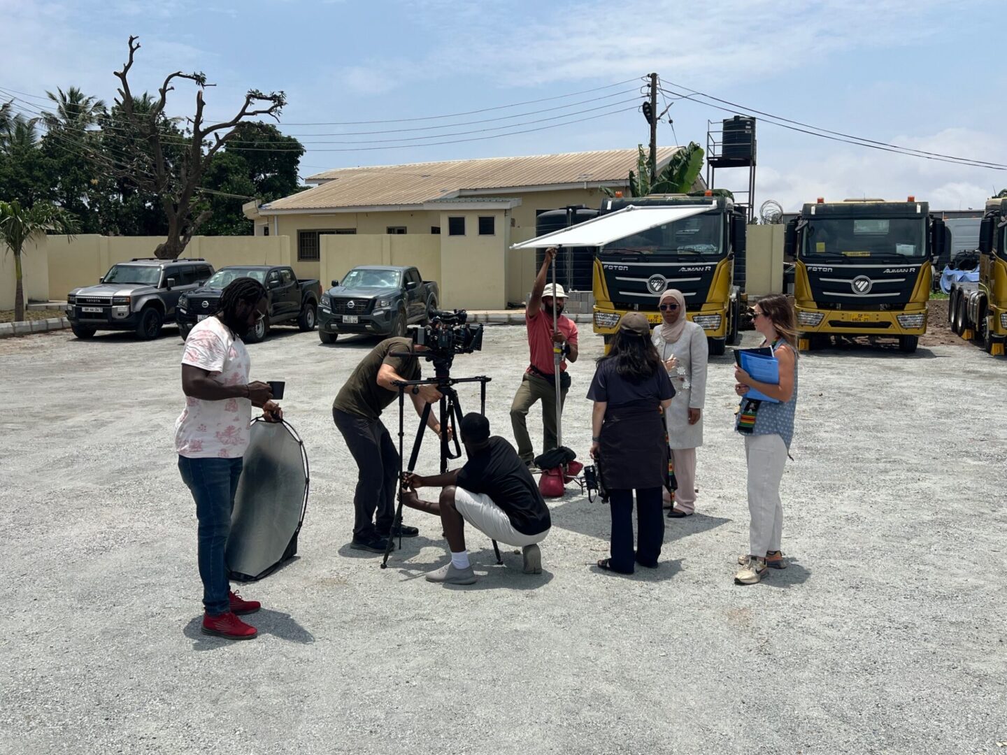Film crew working outdoors with equipment