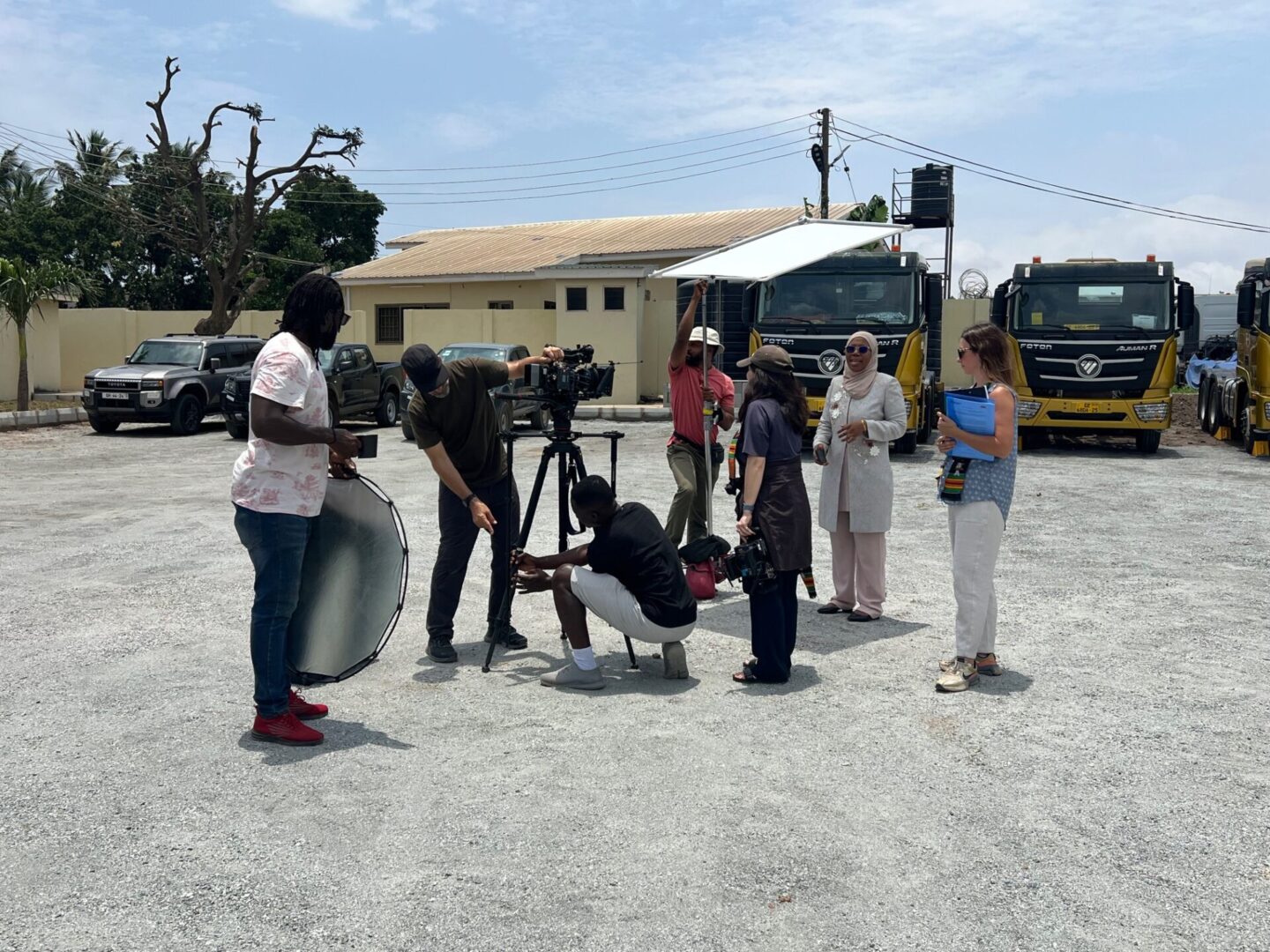 Group adjusting camera on sunny day