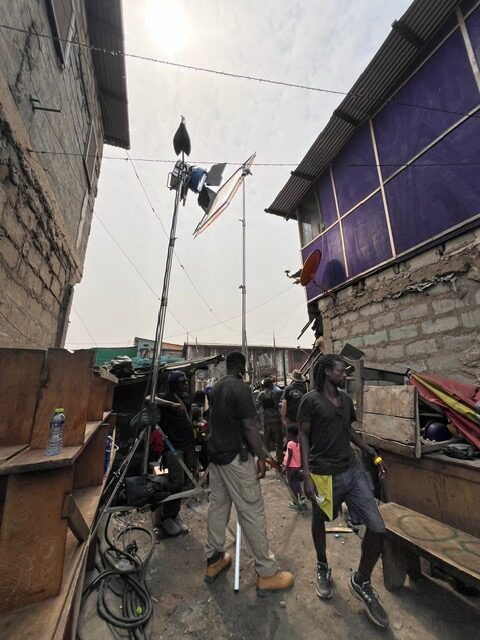 Preparing film set in urban area