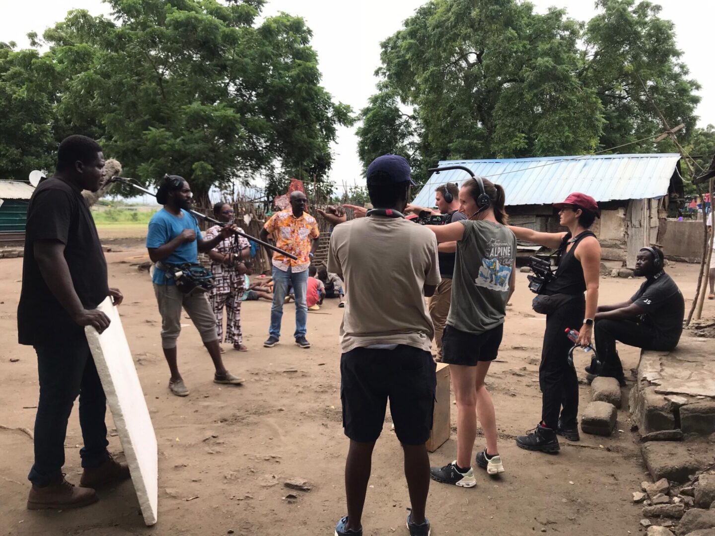 Crew preparing for a shoot outside